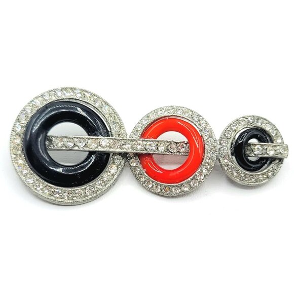 Silvertone Clear Rhinestone Art Deco Step Design Red Glass Ring C Clasp Brooch